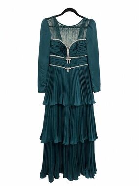 Self-Portrait Emerald Green Long-Sleeve Tiered Pleated Maxi Dress